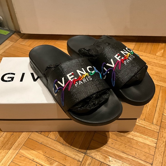 Givenchy Black Slides with Colorful Logo
